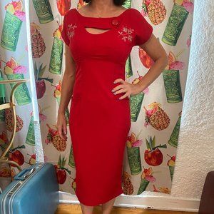 Bettie Page vintage rockabilly 1950s red embroidered cutout  cocktail dress